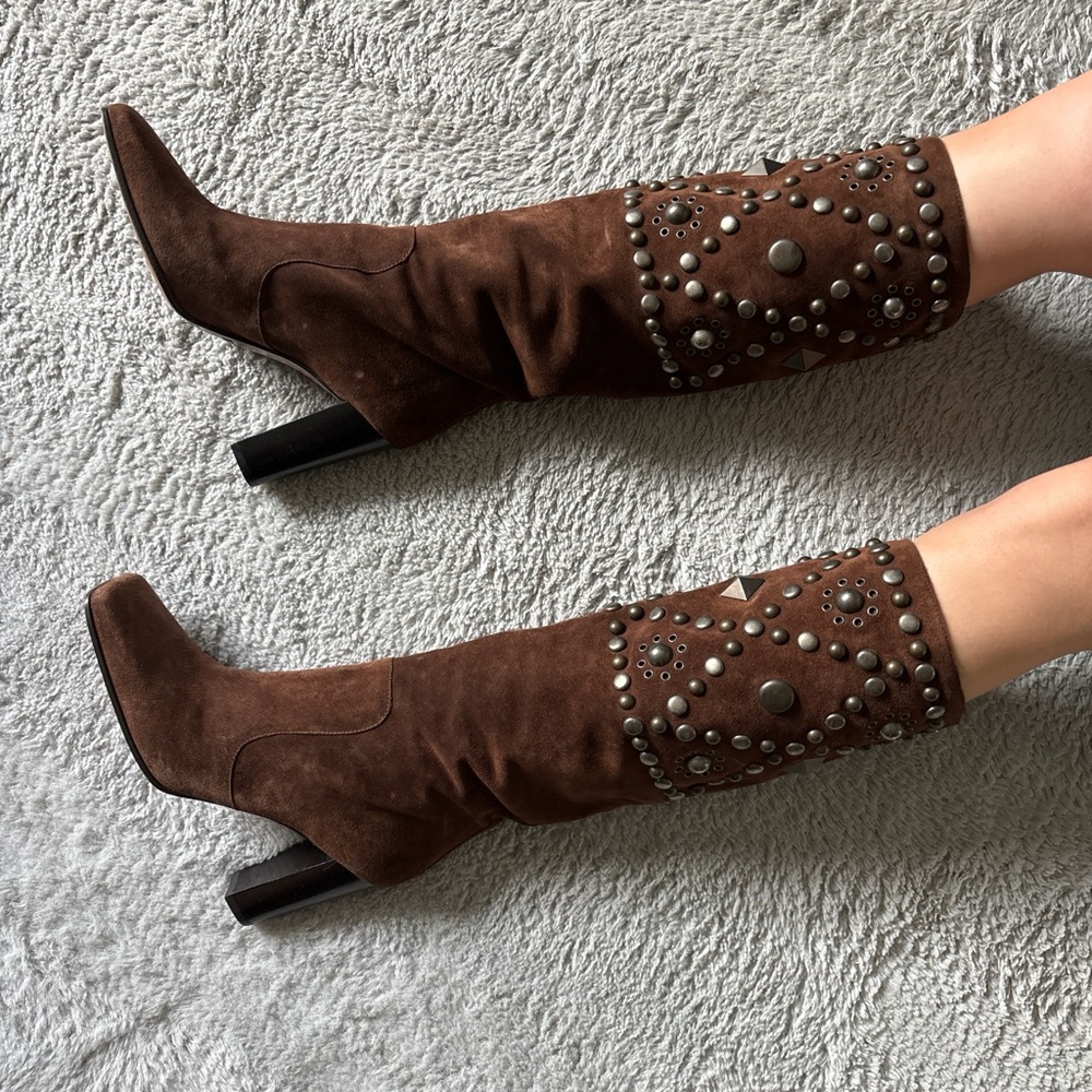 Brown Studded Dolce & Gabbana Suede Knee-High Boots